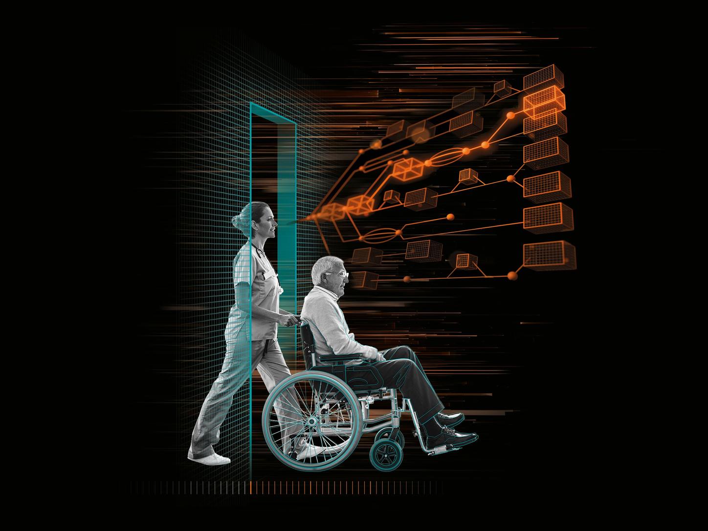 Man in a wheelchair being pushed by medical staff