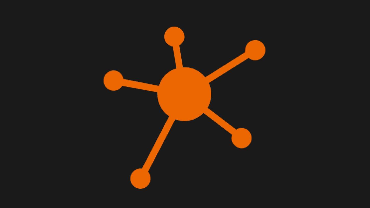 An orange network icon on a black background