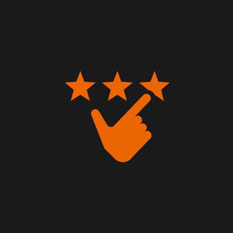 An orange icon of a hand selecting a star from three, symbolizing user reviews, on a black background.