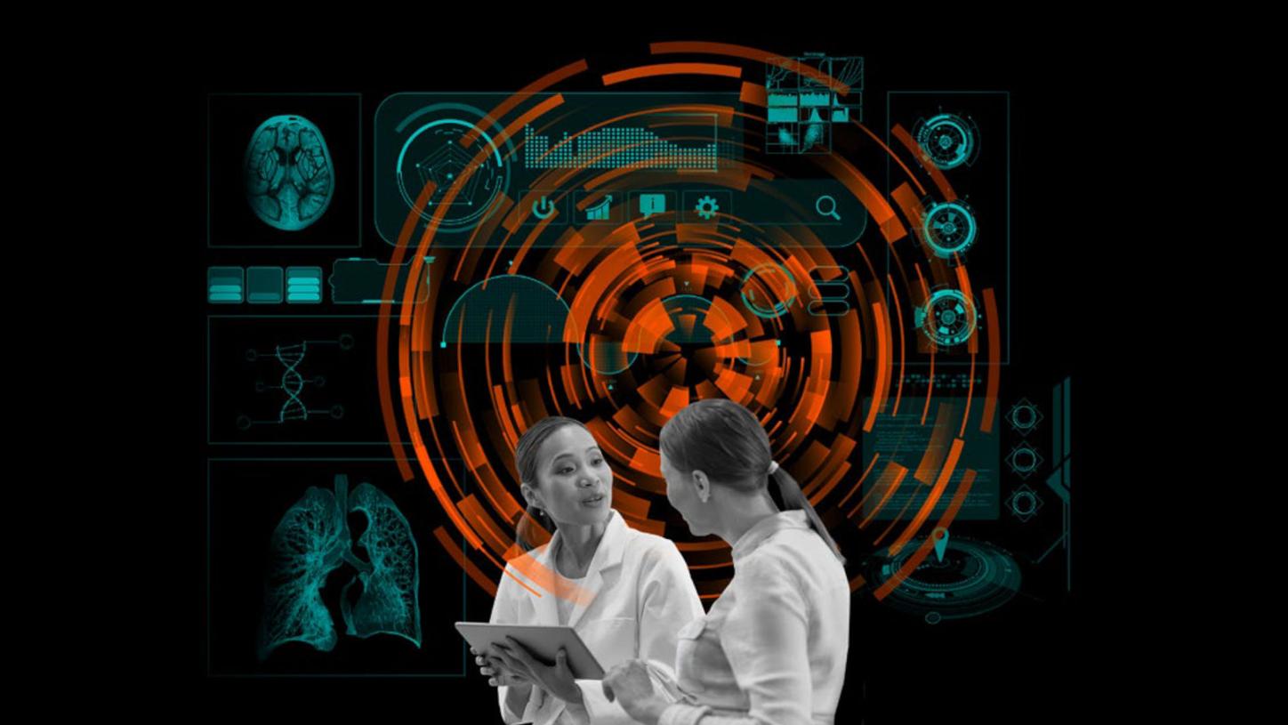 Healthcare professional holding an ipad in conversation with another person in front of a digital layer symbolizing healthcare data from many data different sources.