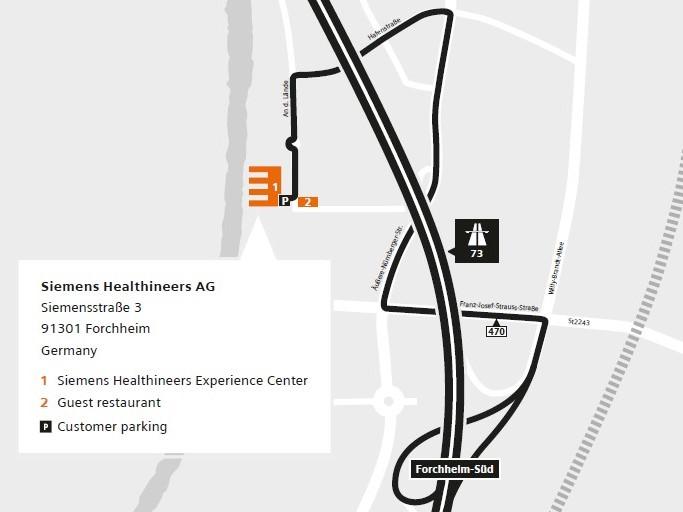 Illustration of driving directions from north to the Siemens Healthineers Experience Center