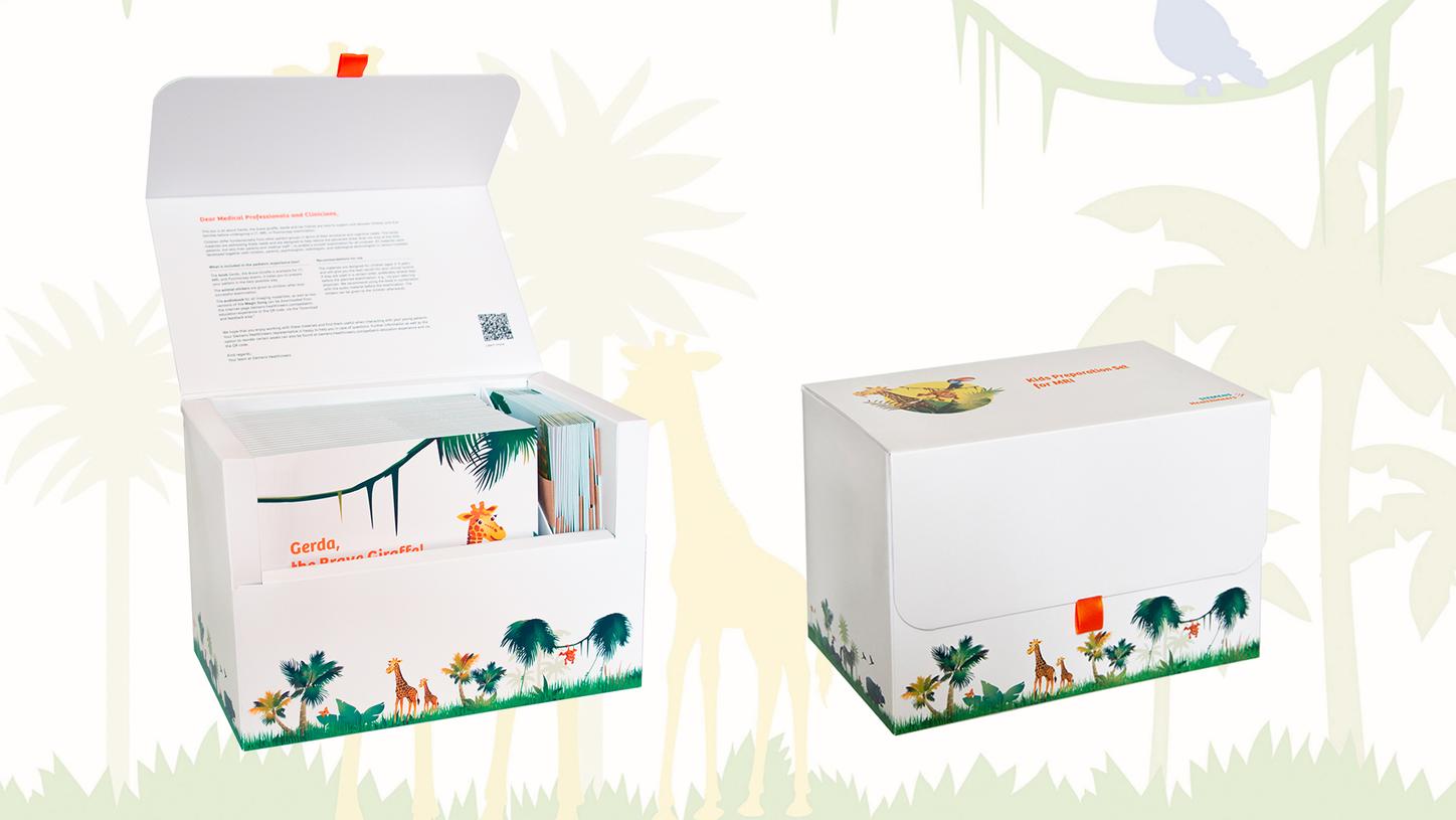 The pediatric experience box contains resources that can be used to prepare children for their examination (Gerda book and animals stickers).