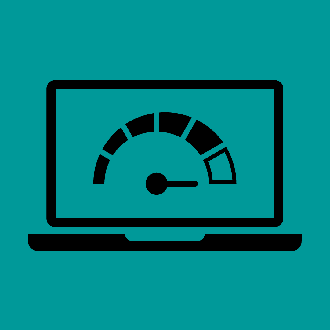 Black icon on petrol background showing a laptop with a meter pointing to the highest point of the scale, symbolizing high capacity