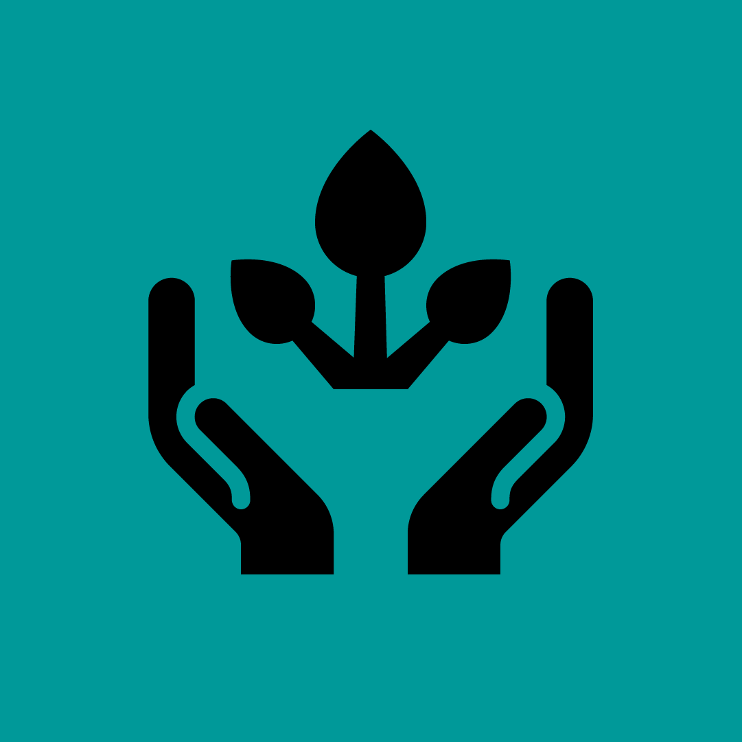 A black icon on petrol background showing two hands and in the middle a plant, symbolizing sustainability.