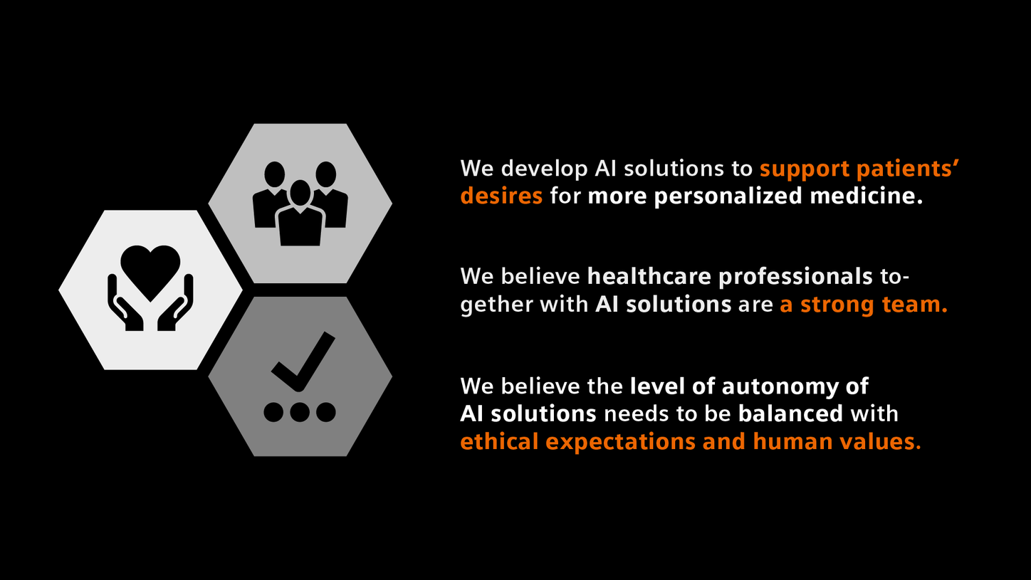 Graphic showing 3 our 9 AI principles (part 1): We develop AI solutions to support patients' desires for more personalized medicine. We believe healthcare professionals together with AI solutions are a strong team. We believe the level of autonomy of AI solutions needs to be balanced with ethical expectations and human values.
