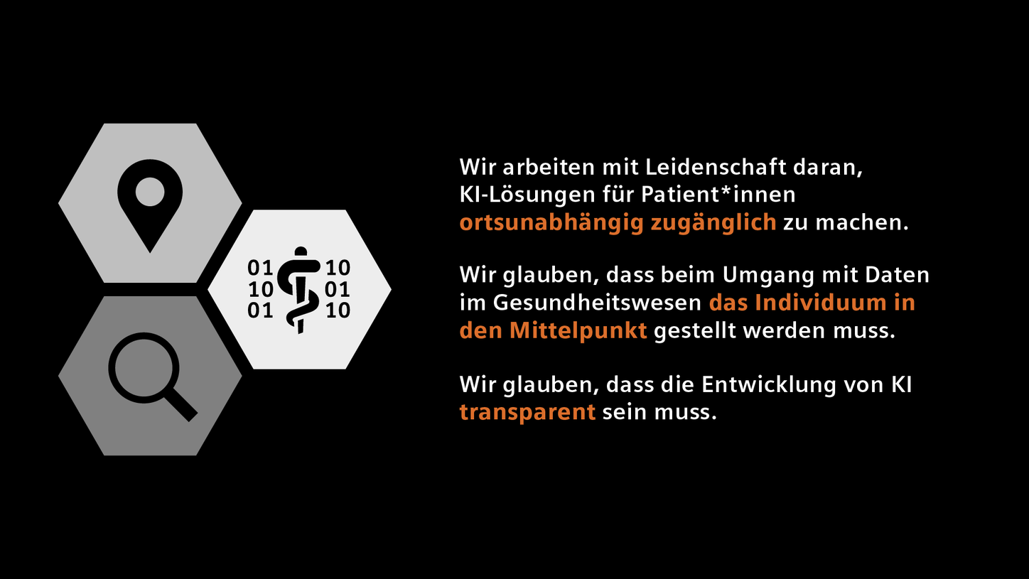 Grafik mit 3 unserer 9 KI-Prinzipien (Teil 2): Wir arbeiten leidenschaftlich daran, KI-Lösungen für Patienten überall zugänglich zu machen. Wir glauben, dass der Umgang mit Daten im Gesundheitswesen auf den Einzelnen ausgerichtet sein muss. Wir glauben, dass die KI-Entwicklung transparent sein muss.