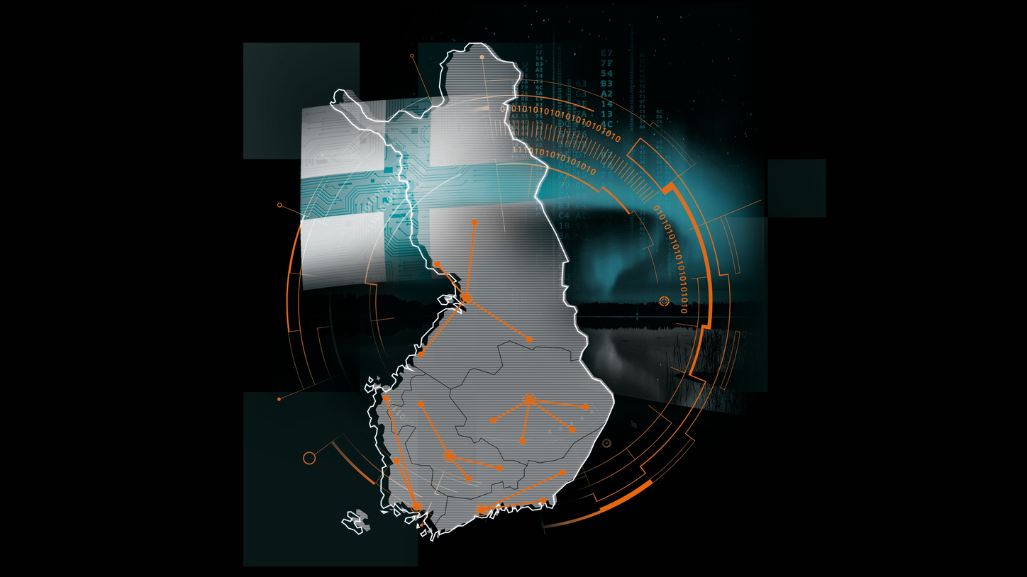 Outline of Finland with the Northern lights in the background.