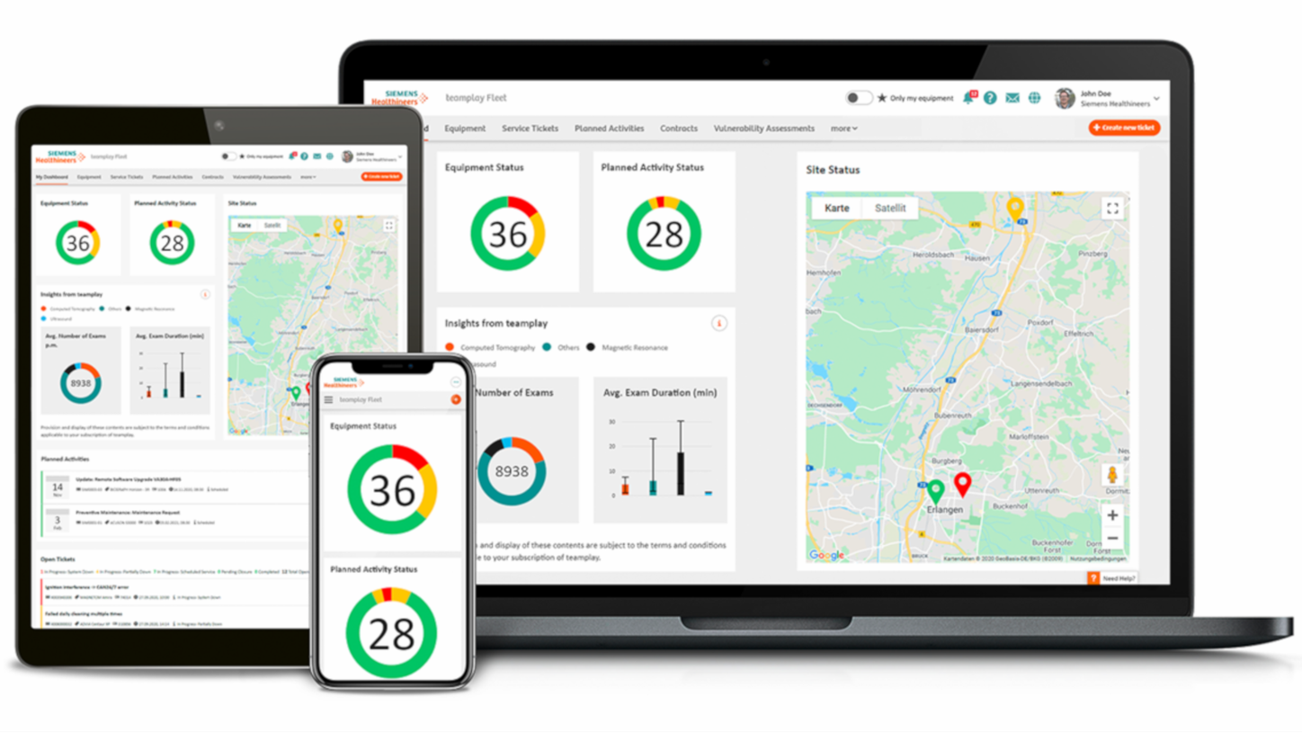 Tablet, smartphone and monitor with teamplay Fleet dashboard showing status of your equipment and teamplay Data.