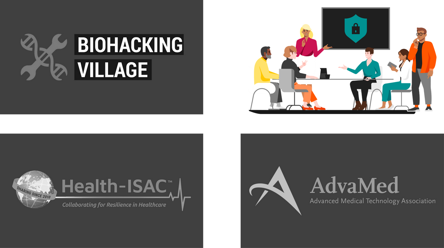 A collage featuring logos of Biohacking Village, Health-ISAC, and AdvaMed, along with an illustration of professionals discussing cybersecurity in healthcare.